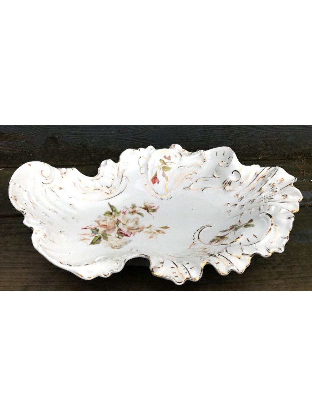 Antique Carl Tielsch CT Germany Porcelain Shell Rose Centerpiece Bowl Rococo 13"